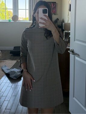 Tan Plaid Dress with Pearl Button Detail